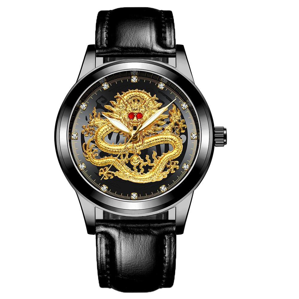 FNGEEN Men's Watch Light Luxury Relief Golden Dragon Watch Waterproof Diamond Inlaid Ruby Mens Quartz Watch