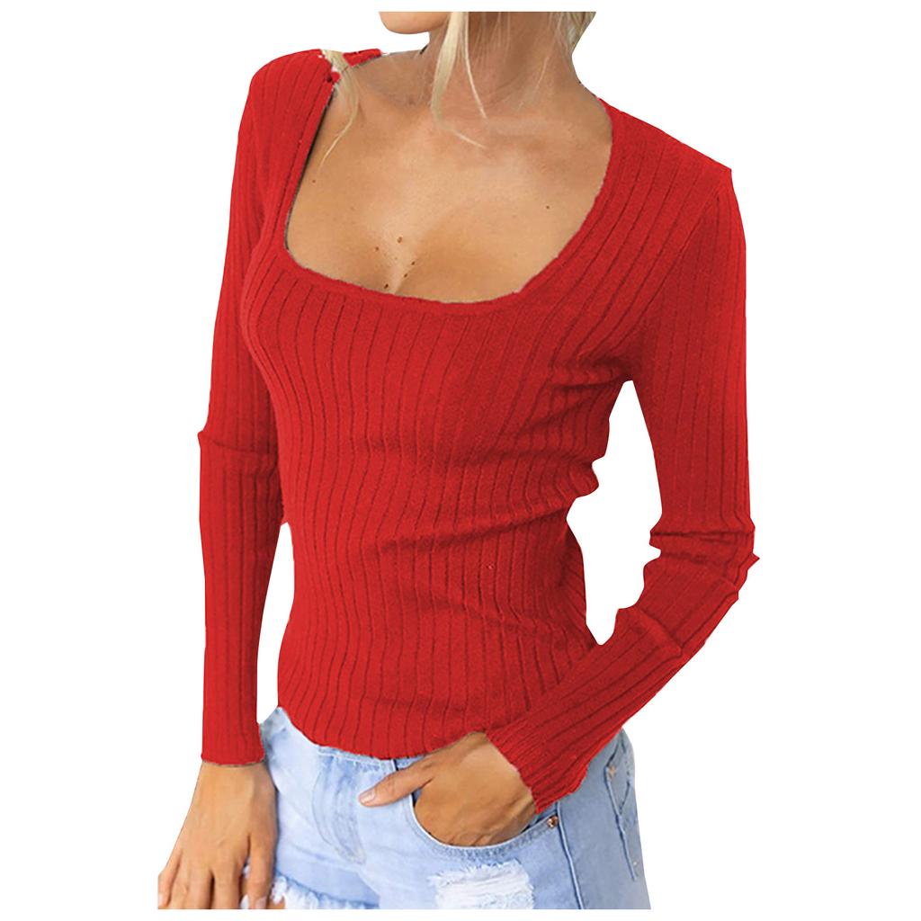 Damenmode, lässig, einfarbig, sexy, schlankes, langärmeliges T-Shirt mit quadratischem Ausschnitt