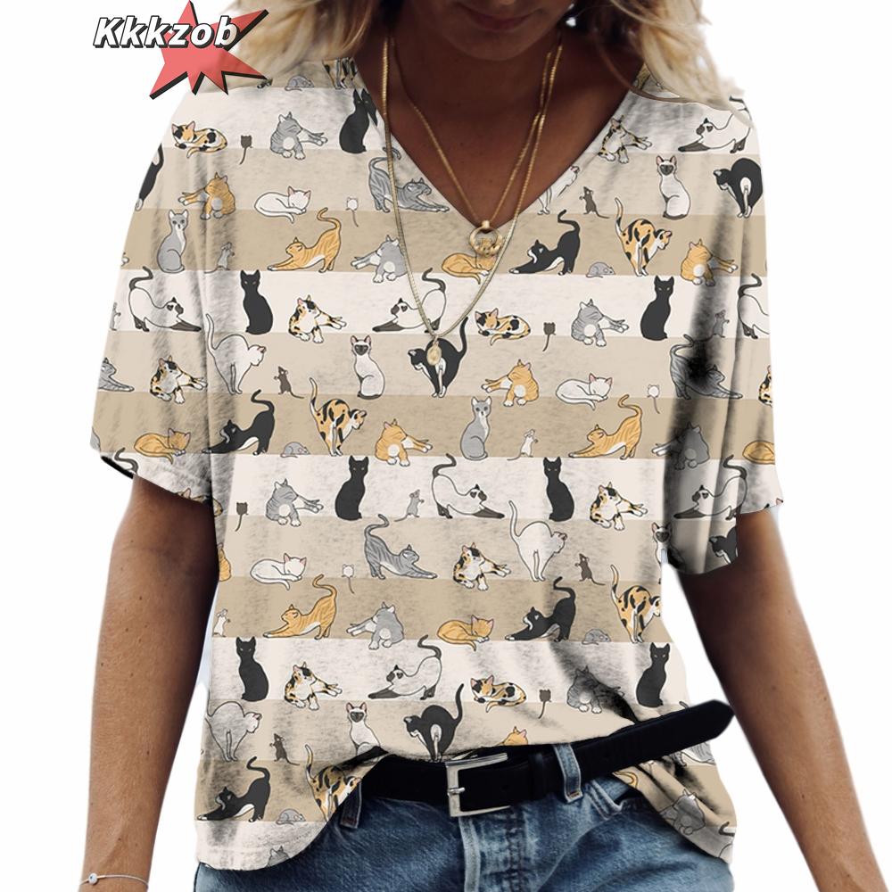 Anime Katzen-Print Damen T-Shirt 2024 Mode Harajuku Kleidung V-Ausschnitt Übergroß Kurzarm T-Shirts Damen Casual Streetwear Bluse