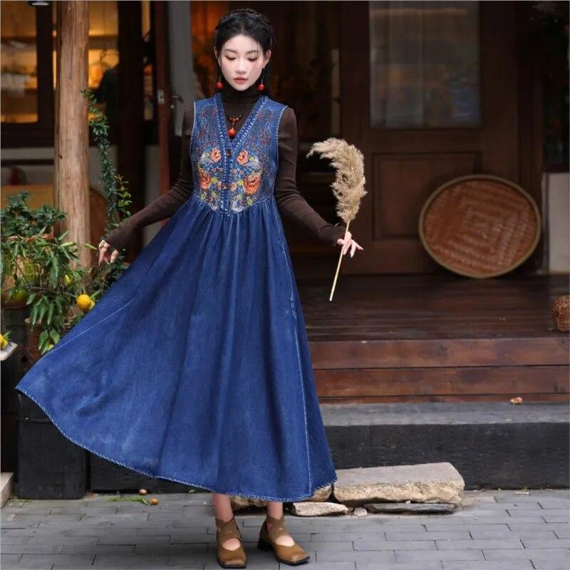 Johnature Rochie fără mâneci cu decolteu în V broderie în stil chinezesc de primăvară pentru femeie