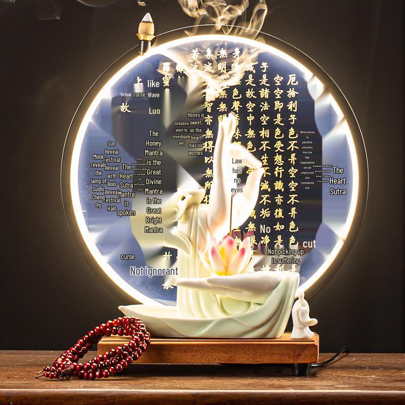 Zen Buddha Hand Ceramic Backflow Incense Burner with Light Ring and Heart Sutra Ornament for Indoor Decor