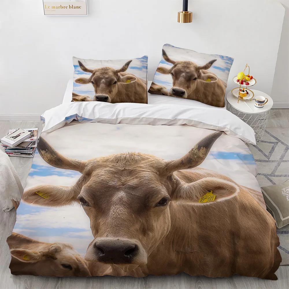Highland Cow Duvet Cover King/Queen Size,Farmhouse Animal Bull Bedding Set,Funny Cute Herbivores Quilt Cover For Boys Girls