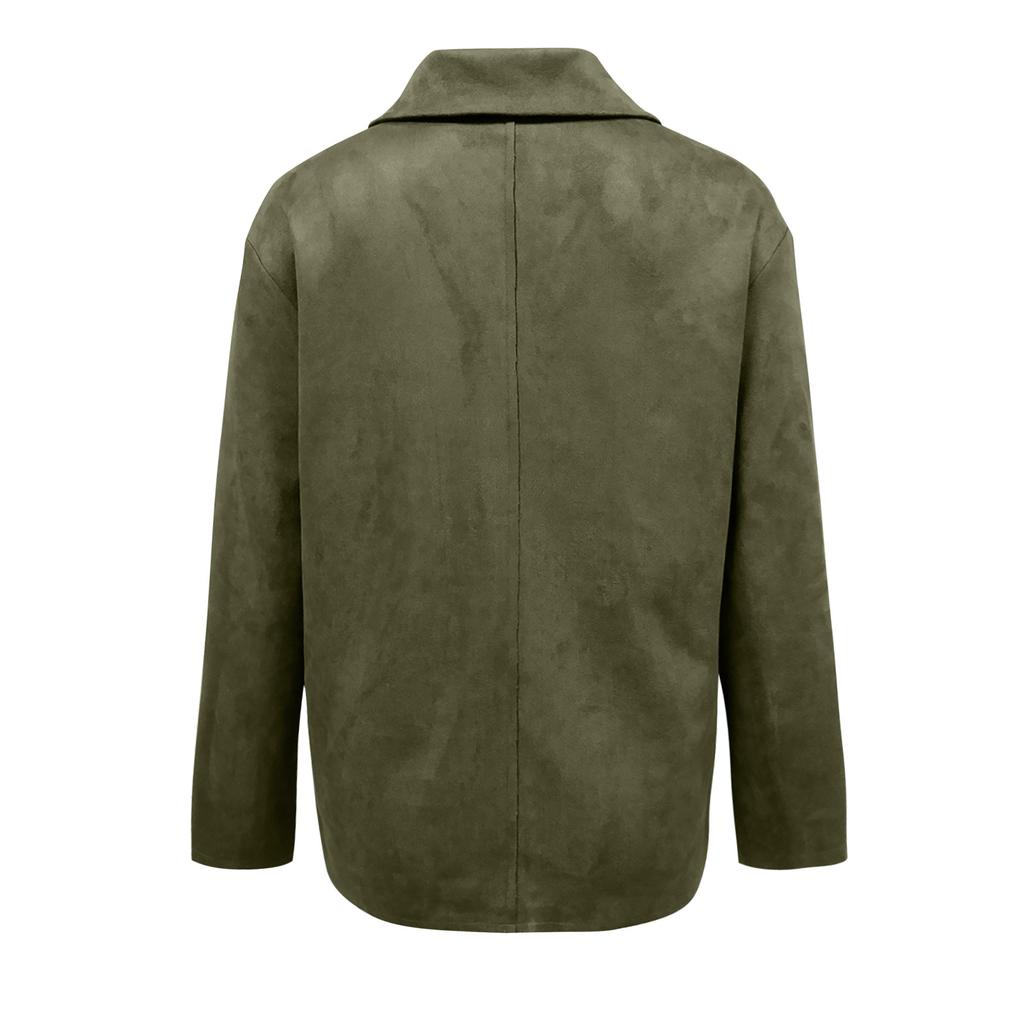 Women's Fashion- Solid Color Single-breasted Lapel Faux Deerskin Velvet Long-Sleeved Pocket Shirt Jacket