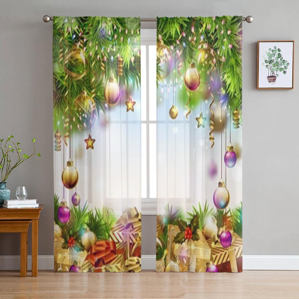 Farmhouse Christmas Ball Curtain Living Room Cafe Xmas Gifts Balls Window Curtains Kitchen Bedroom Outdoor Yard Sheer Polyester Ideal For