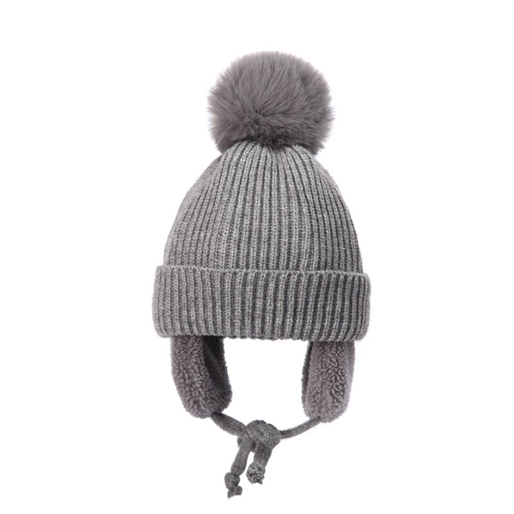 

Plush Pompom Beanie with Earflap Ear Protection Wool Cap Comfortable Children Knitted Hat Boy серый