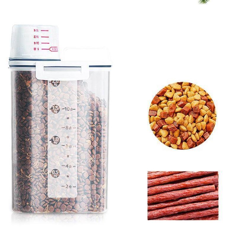 Balde de Ração para Cão Gato 1,5Kg/2Kg Tanque de Armazenamento de Plástico com Recipiente Copo Medidor Pote Selado à Prova de Umidade Acessórios Suprimentos para Animais de Estimação
