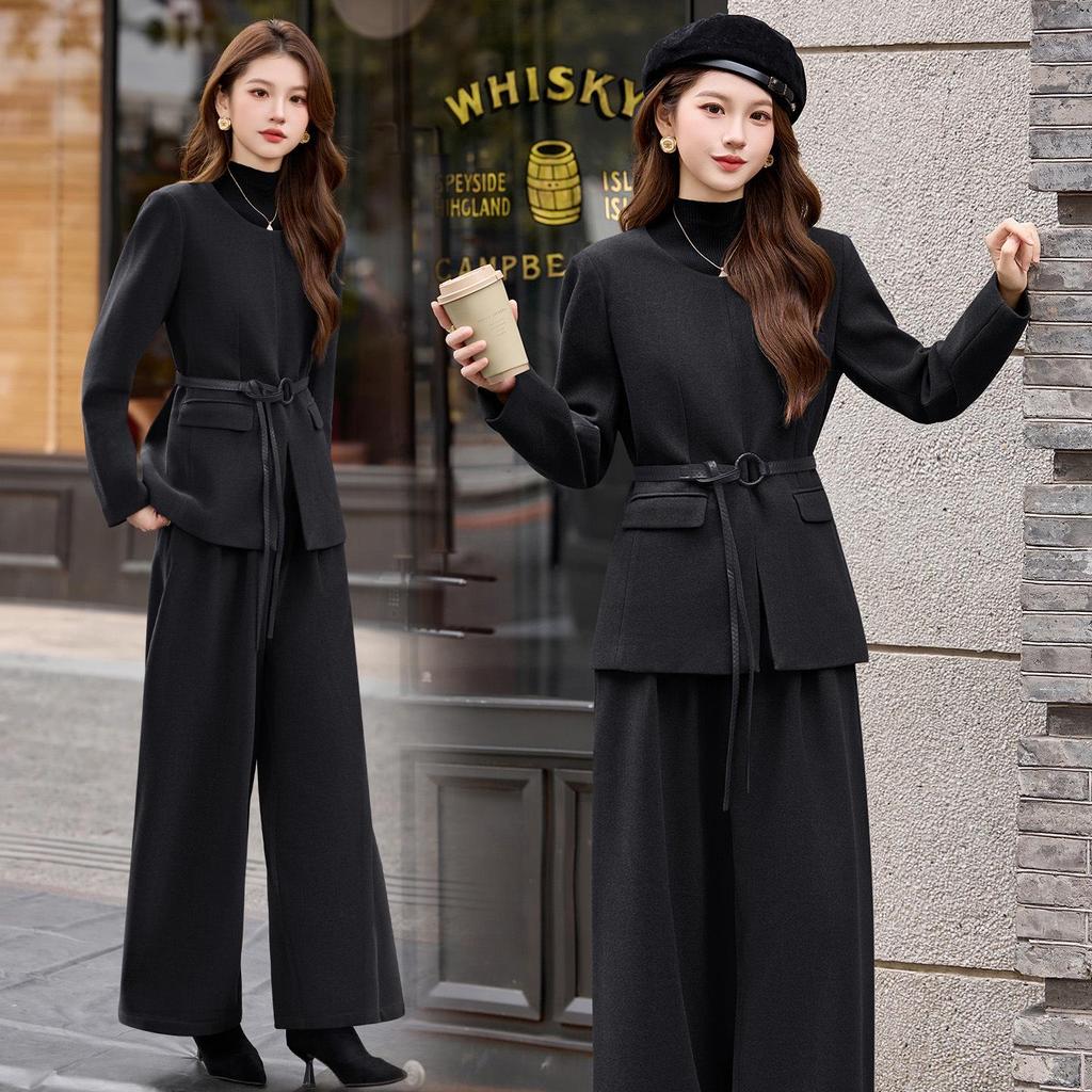 Women's Wool Suit Set: 2026 Spring Collection - Fashionable Temperament Casual Jacket & Wide-Leg Pants with Belt