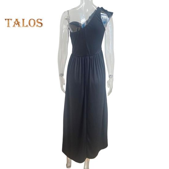 Dámské večerní šaty nařasené na jednom rameni plisované s vysokým pasem jednobarevné bez rukávů střih do A s velkým lemem Prom Cocktail Party Maxi společenské společenské šaty