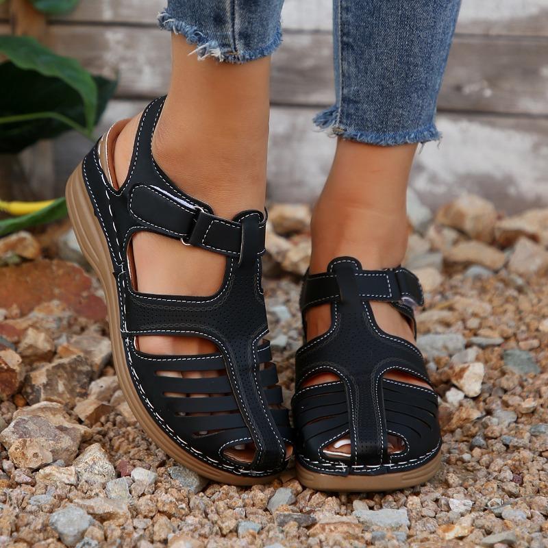 Sandale de damă de vară, modă nouă, cu vârf rotund, bandă îngustă, design de marcă, sandale de damă casual cu talpă groasă, din piele, de plajă, stil roman