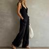 Women's Sleeveless V Neck Jumpsuit with Zipper Front Pockets Ruffle Details Wide Leg Casual Vintage Style Romper