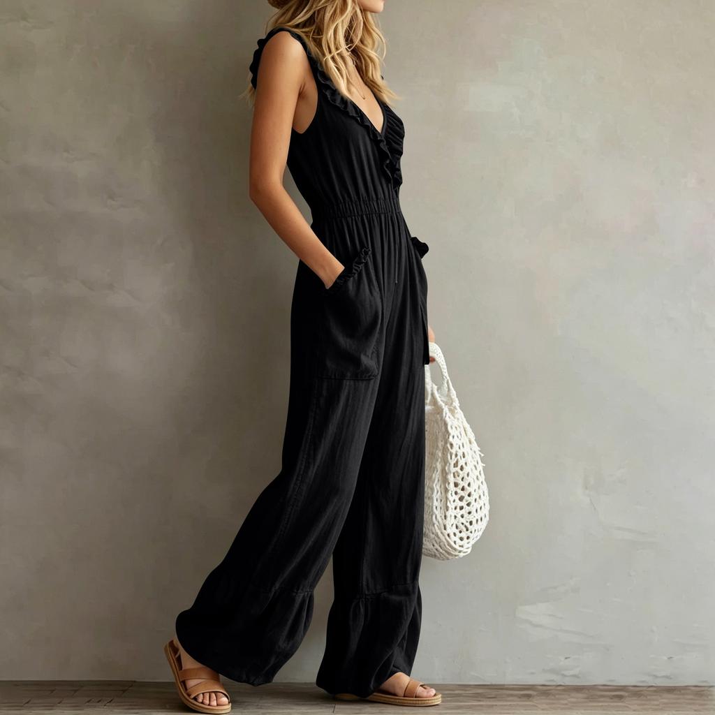 Women's Sleeveless V Neck Jumpsuit with Zipper Front Pockets Ruffle Details Wide Leg Casual Vintage Style Romper