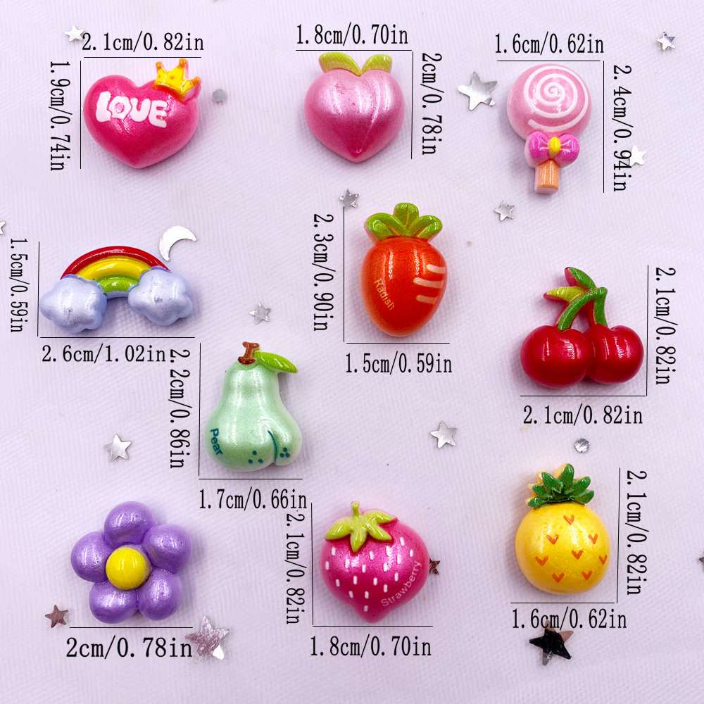 10pcs Colorful Resin Rainbow Love Lollipop Flower Fruit Vegetable Fruit Figurines Flat back Scrapbook DIY Jewellery Decor Crafts