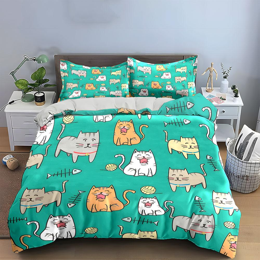 Cute Cartoon Cats Pattern Set Bedding Duvet Cover Set  (1*Duvet Cover 2*Pillowcases, without duvet insert)