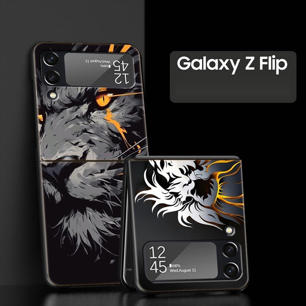 Cross Pattern Bicolor Lion Hard PC Phone Case For Samsung Galaxy Z Flip 7 6 5 4 Black Cover For Galaxy Z Flip 3 Foldable Fundas
