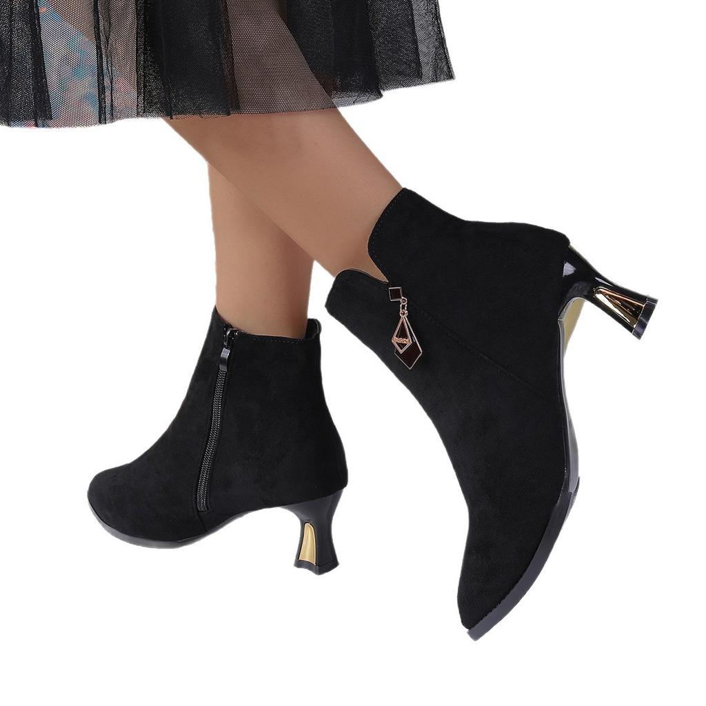 New thin-heeled mid-heeled pointed fleece boots and bare boots in autumn and winter, short tube, solid color high heel.