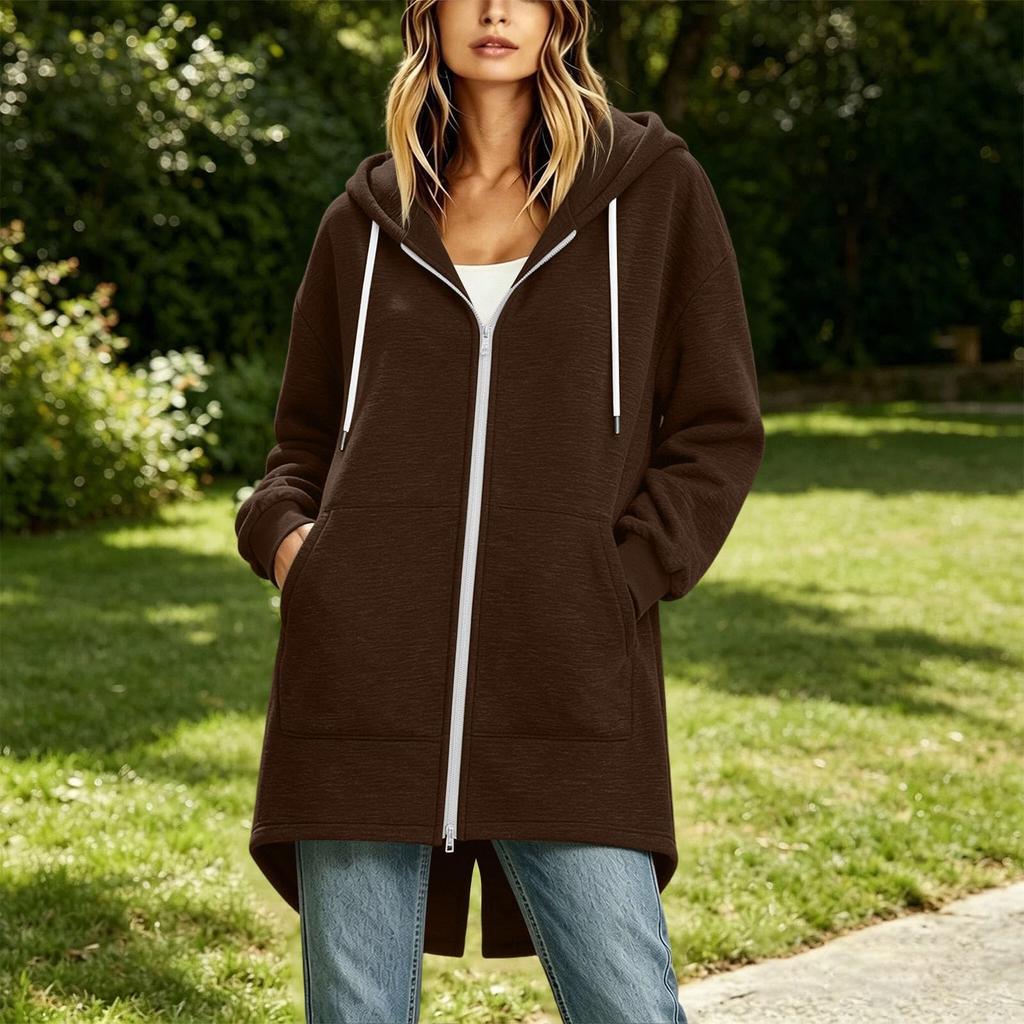 Women's Long Zip Up Hoodie Jacket Loose Fit Casual Outerwear with Pockets Lightweight Hooded Coat for Everyday Wear
