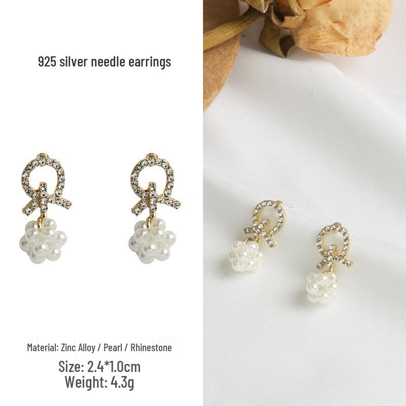 Retro Knotted Geometric Rhinestone Pearl Earrings with 925 Silver Needle - Sweet & Elegant