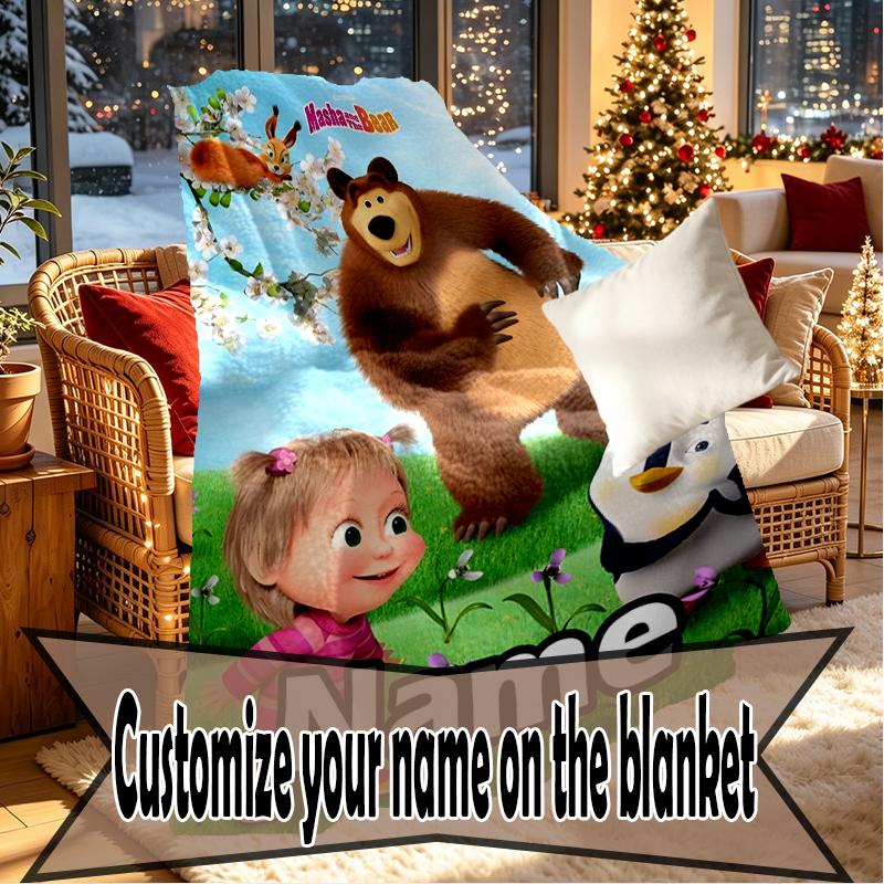 Custom Name Personalized Masha and The Bear Print Blankets, Home Decor, Bedroom, Sofa, Camping, Couch, Gifts for Birthday Christmas