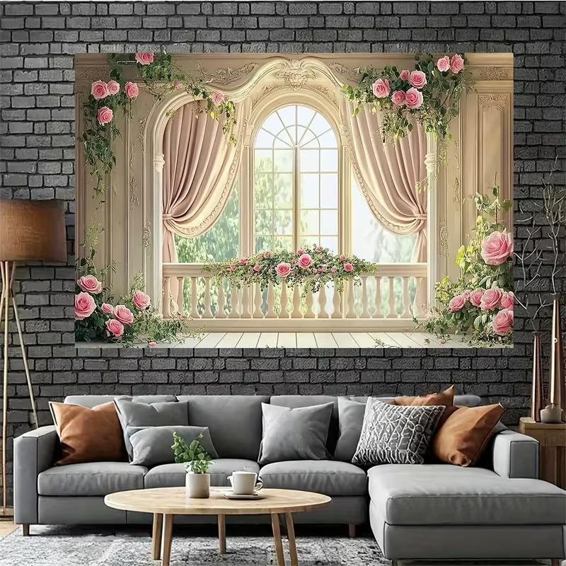 2D Romantic Balcony Backdrop Ornate European Window with Pink Roses Photography Background