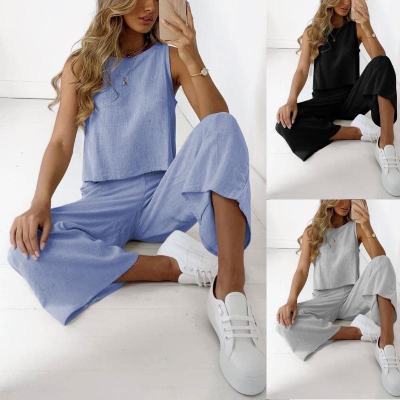 Women's Casual Sportswear Set Sleeveless Top with Wide Leg Pants in Light Blue, Black, Gray