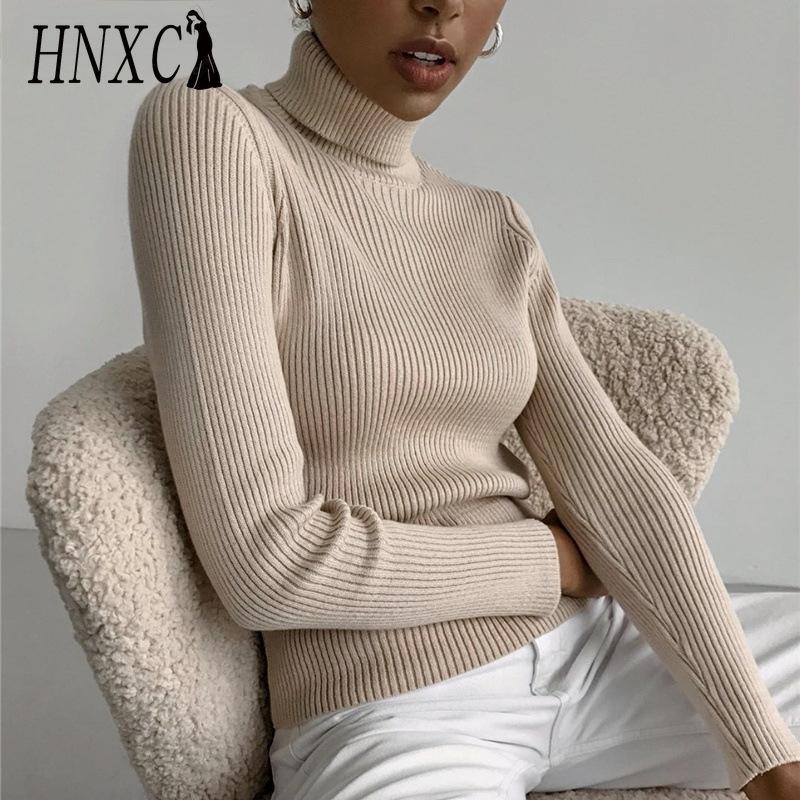 HNXC Solid-color Striped Knitted Pullover High-neck Sweater Base Layer