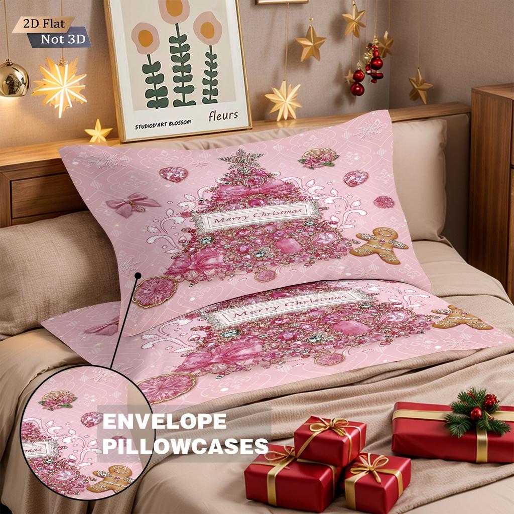 3pcs pink romantic Christmas tree print coreless duvet set multi size bedroom bedding holiday decoration machine washable