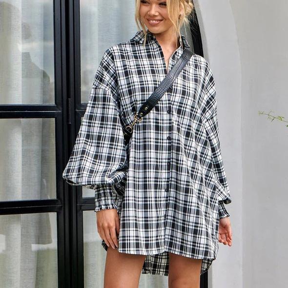 Women Spring Autumn Temperament Large Lapel Collar Plaid Shirt Loose Blouses Long Lantern Sleeve Cardigan S-XL
