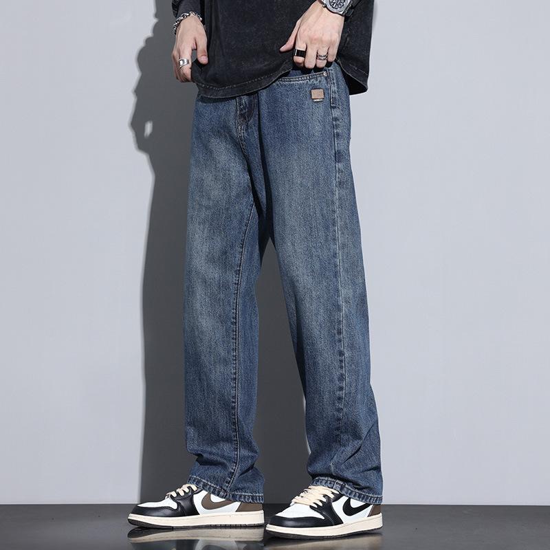 2025 Autumn Men's Blue Straight-Leg Loose Jeans, Fleece-Lined, Plus Size, American Retro Style, Thickened for Warmth.