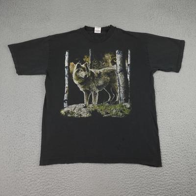 Vintage Wolf Shirt Mens XL Black Wildlife Nature Graphic Short Sleeve Distressed