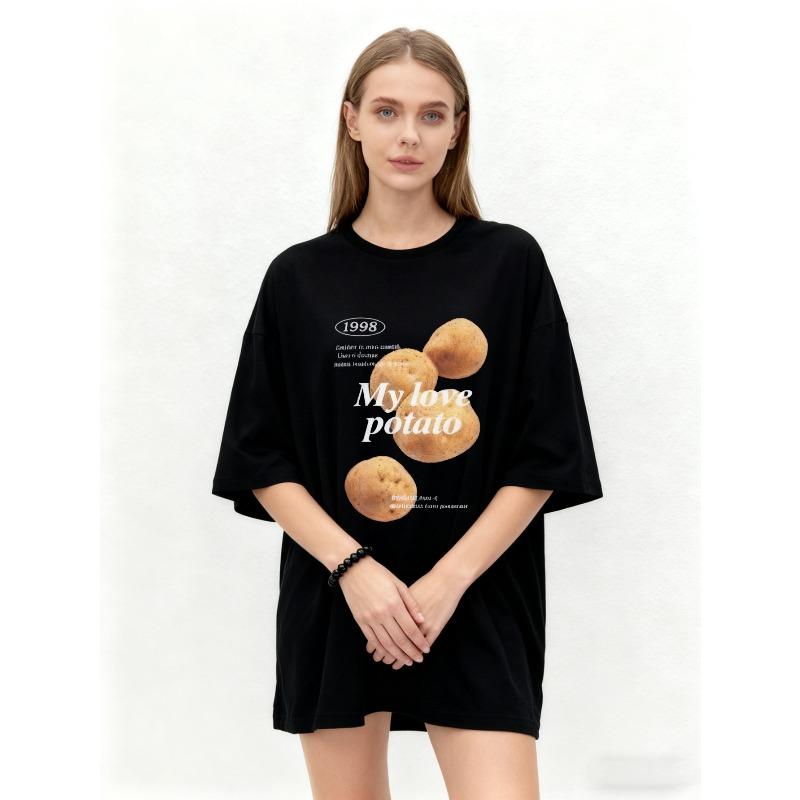 Übergroßes T-Shirt Schwarz Mein Schatz Kartoffel-Print Grafik-Tee Lässig Streetwear Sommer-Outfit Unisex Mode-Top