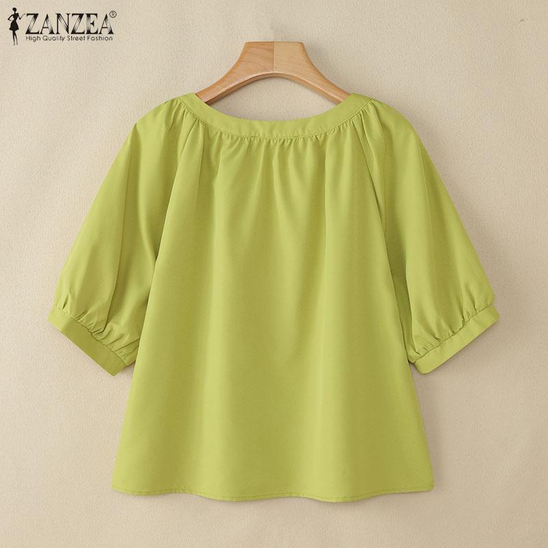 ZANZEA Women Casual Round Neck Loose Summer Short Sleeve Blouse