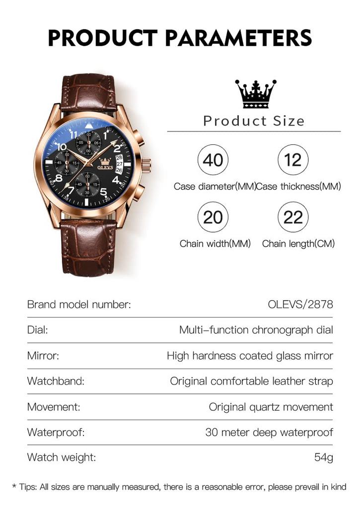 OLEVS Business Brown Leather Date Simple Quartz Stylish Black Arabic Large Men's Watch, Waterproof, Strap, Popular, Easy-to-Read Clock, Display,
