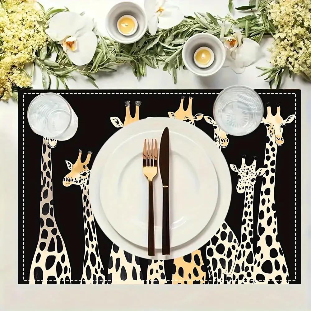 4 stuks Giraf Placemats, Imitatie Linnen Materiaal, Rechthoekig, Handwasbaar, 30,48 x 45,72 Inch, Geschikt voor Restaurant, Keuken, Feest, En Huis