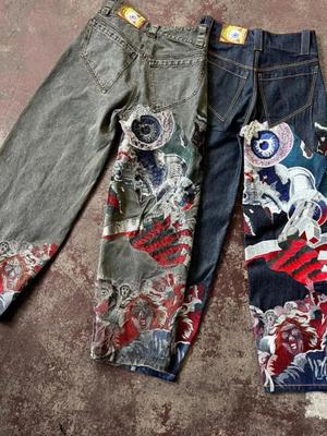 Streetwear Jeans Y2K Harajuku Gothic Retro Hip Hop Embroidered Baggy Jeans Mens Womens New High Waist Wide Leg Trousers