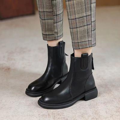 Soft Leather Shoes, Short Boots, Women's New Low-heeled Leather Boots, Retro Back Zipper Boots