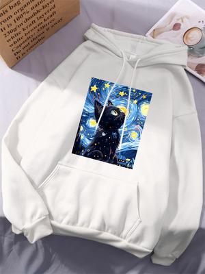 Van Gogh'S Starry Cat Printing Hoodies Women Basics Sporty Hoody Fleece Warm Soft Sweatshirt Casual Pocket Womans Sportswear
