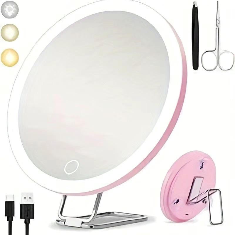 6-Inch Rechargeable LED Magnifying Fill Light: 360° Rotating Stand with 10x/20x/30x Magnification & Makeup Mirror 1x + 10x Magnification + Stand розовый