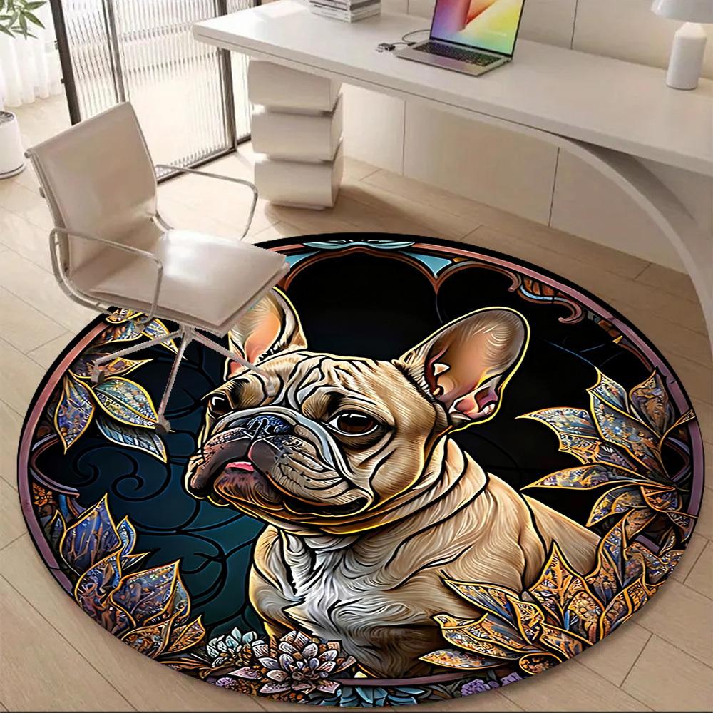 1PC Stained Glass Bulldog Office Round Area Rug, Mat Suitable ForOffice, Under Office Chairs Bedroom Living Room Home Decor, Room Deco