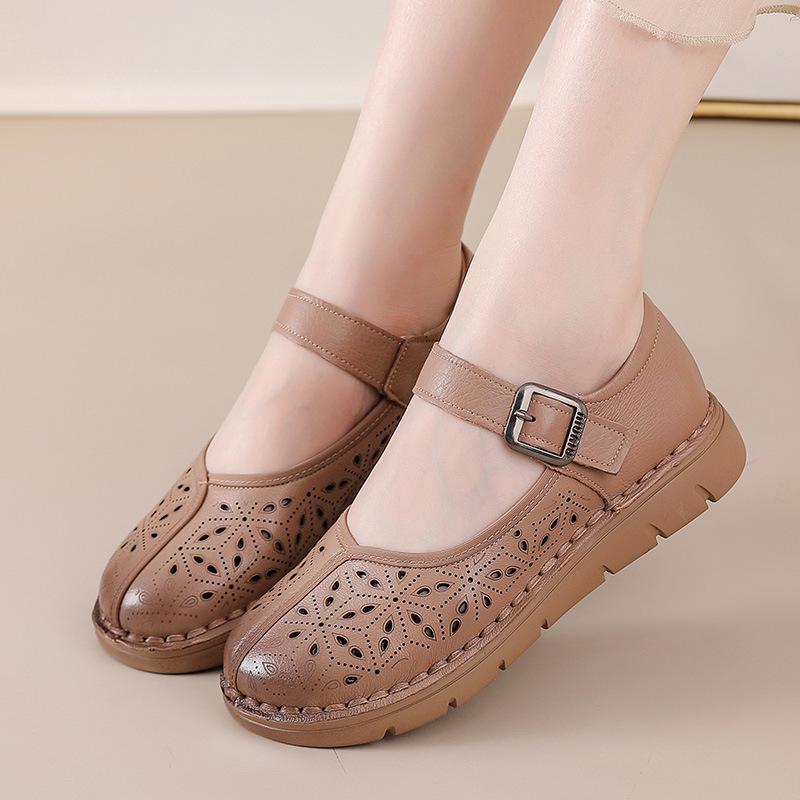 Yaz Yeni Kadın Vintage Düz Ayakkabılar - Esnek TPR Tabanlı, Nefes Alabilen Tek Katmanlı Kalın Derili Kesik Sandaletler, Retro Ayakkabılar