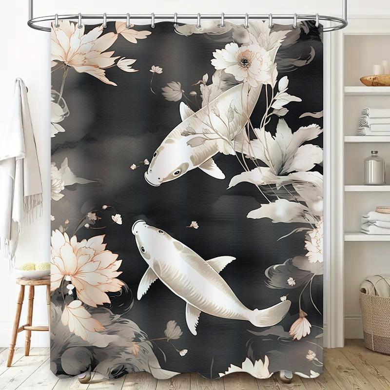 Luxurious Bath Curtains Decorative White Lotus Fish Printed Shower Curtain Waterproof Fabric Home Decoration Bathroom Accessorie