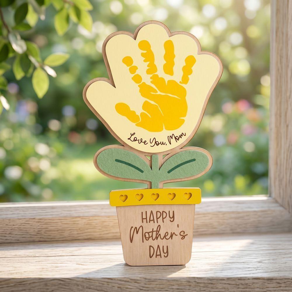 Hand Painted Mother's Day Plaque Decoration Ornament DIY Handprint Sign 2D Flat Mom Gifts Wooden Flower Craft Mother's Day Gift