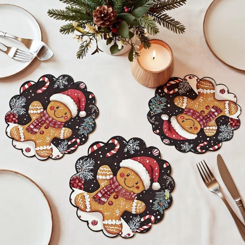 4PCS Christmas Circular Waves Placemats Non Slip Heat Resistant Table Mats Winter Dining Party Christmas Decor Round Tablecloth