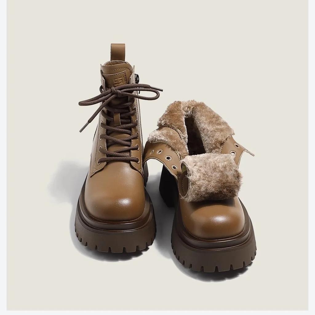 Retro Women's Boots Autumn Winter Brown Black Fur Ankle Boots Thick Bottom Lace Up Casual Plush Short Motorcycle Botas Femininas