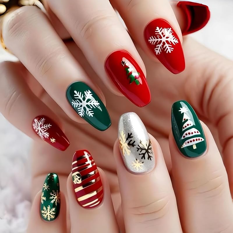 Christmas Press On Nails Medium Square Fake Nails with Gold Snowflake Christmas Tree Designs Xmas Red False Nail Acrylic Winter Snow Stick On Nail