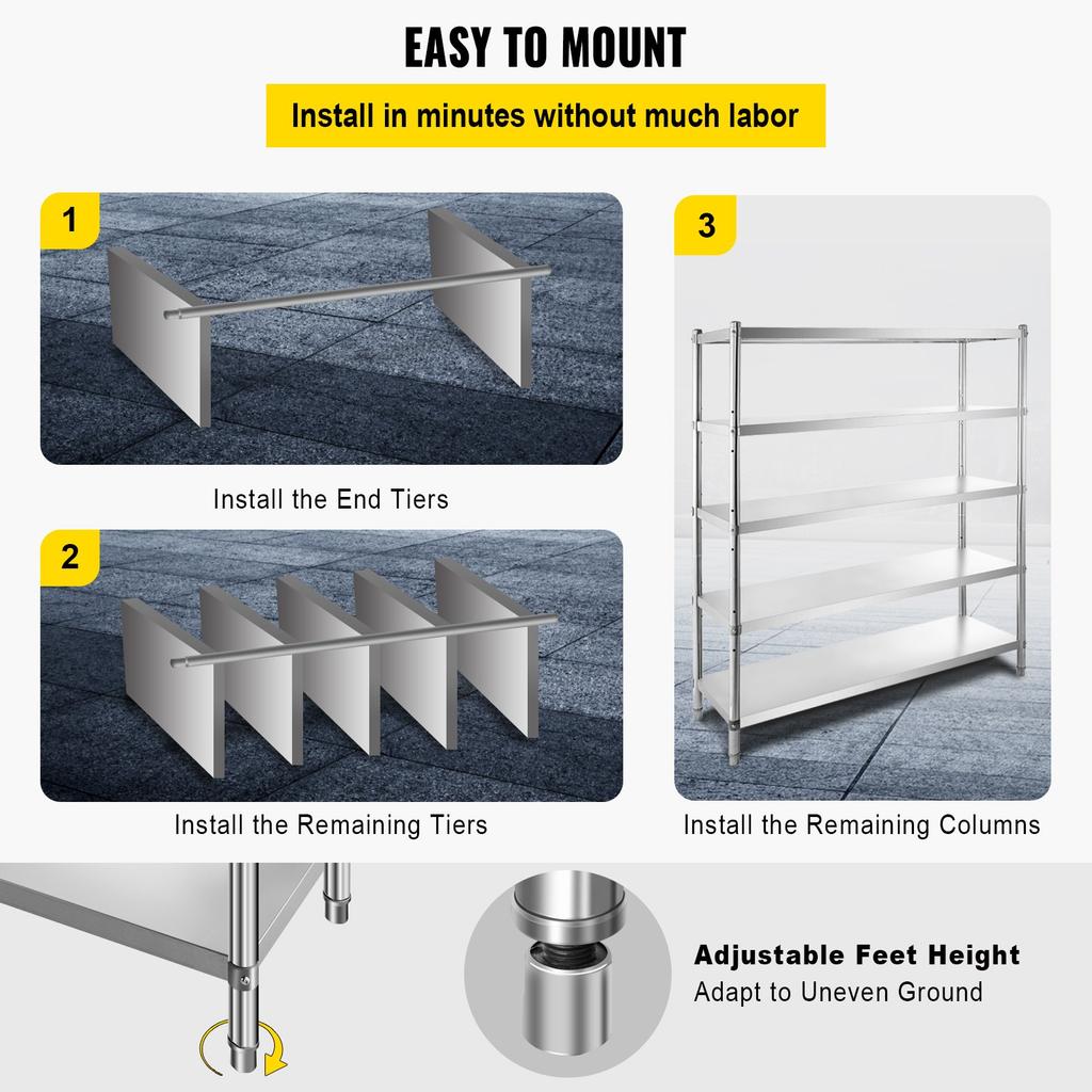 VEVOR Storage Shelf, 5-Tier Storage Shelving Unit, Stainless Steel Garage Shelf, 180.1 x 45 x 180.1 cm Heavy Duty Storage Shelving