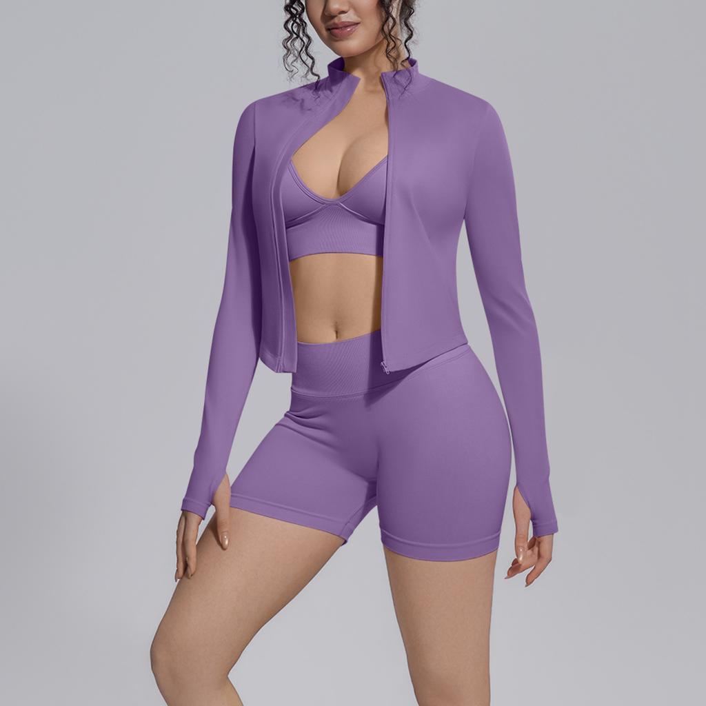 Seamless Solid Color Tight-fitting High-elastic Back Shorts Three-piece Sports Running Fitness Yoga Clothing Set