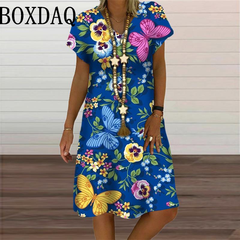 3D Butterfly Pattern Dress For Summer 2024 Women Clothes Oversized Fashion Short Sleeve Flower Print Dress Casual V-Neck Dresses L