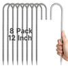 Camping Tent Stakes with a Pointed Ground End and J-Bend Head, Steel 8-Piece Set for Shelter Cord, Tarps, and Canopies