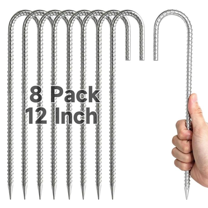 Camping Tent Stakes with a Pointed Ground End and J-Bend Head, Steel 8-Piece Set for Shelter Cord, Tarps, and Canopies