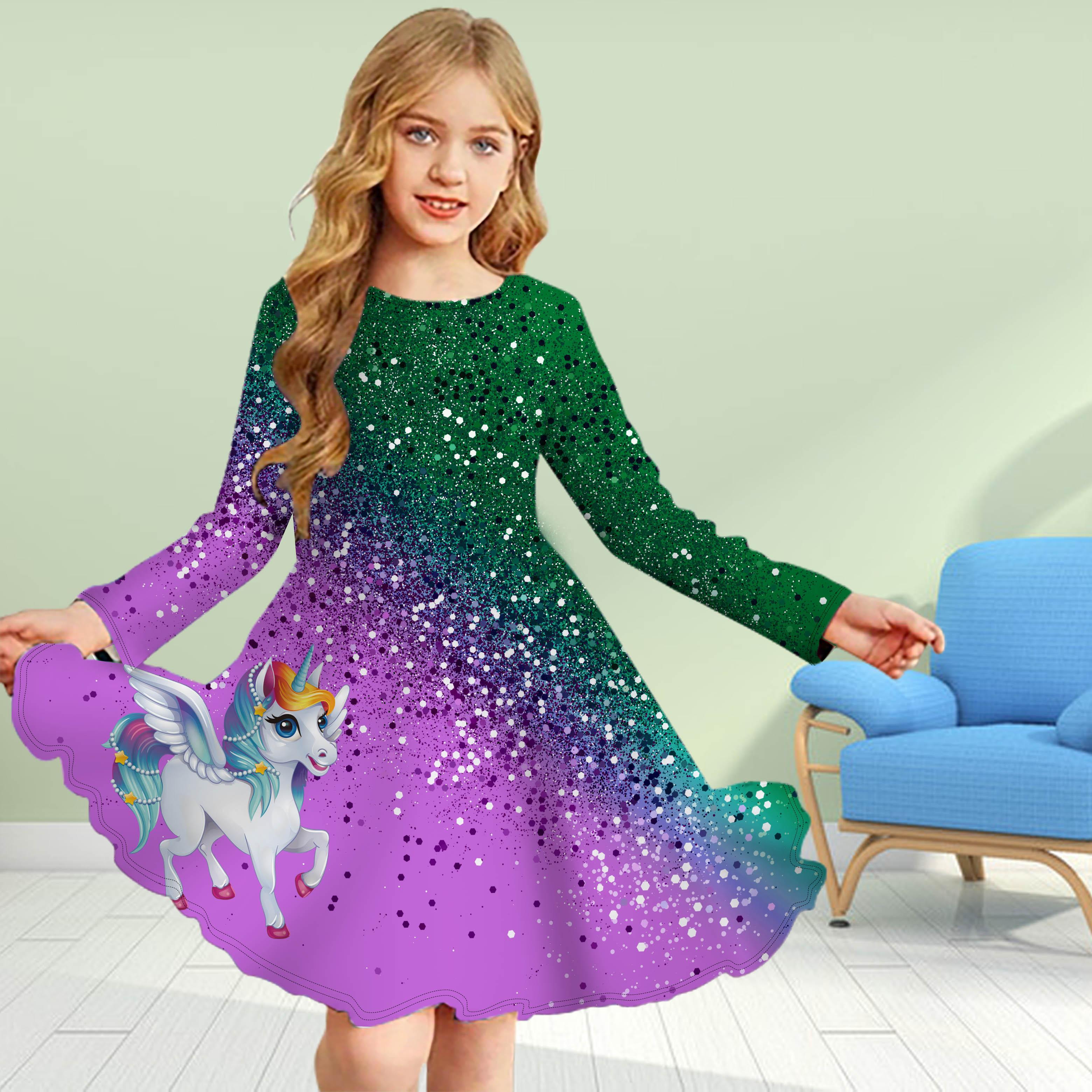 

Повседневное платье для девочек с 3D-принтом и сияющим единорогом, с круглым вырезом и длинными рукавами, детское платье принцессы 120 зелёный